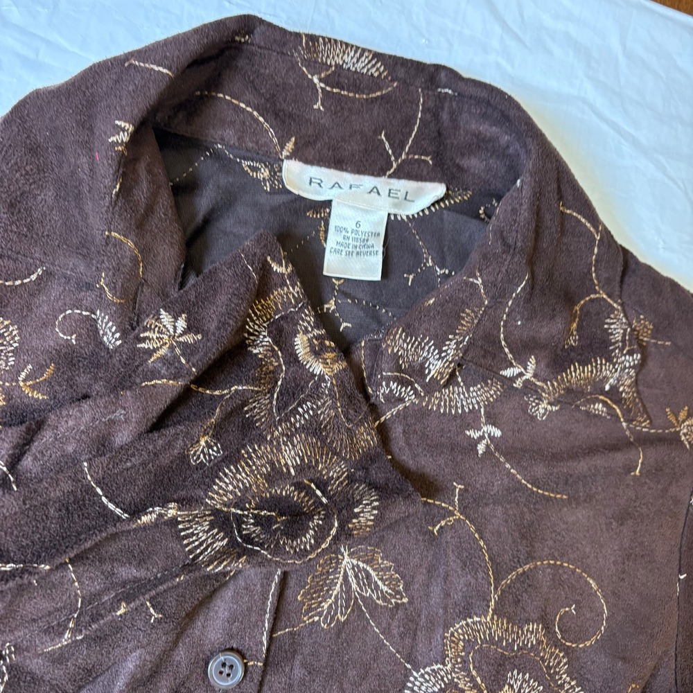 RAFAEL Women's Brown Embroidered Button Down Shirt Size‎ 6 Polyester Long Sleeve